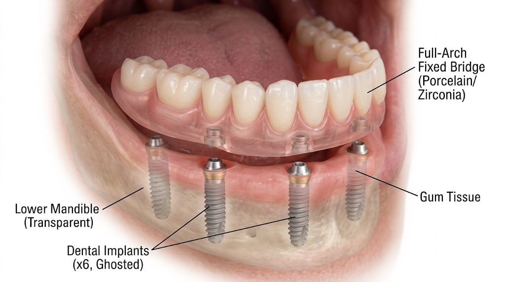 Medical illustration of a Full-Arch All-on-6 fixed bridge showing six titanium implants, transparent lower mandible, gum tissue, and a full porcelain/zirconia restoration
