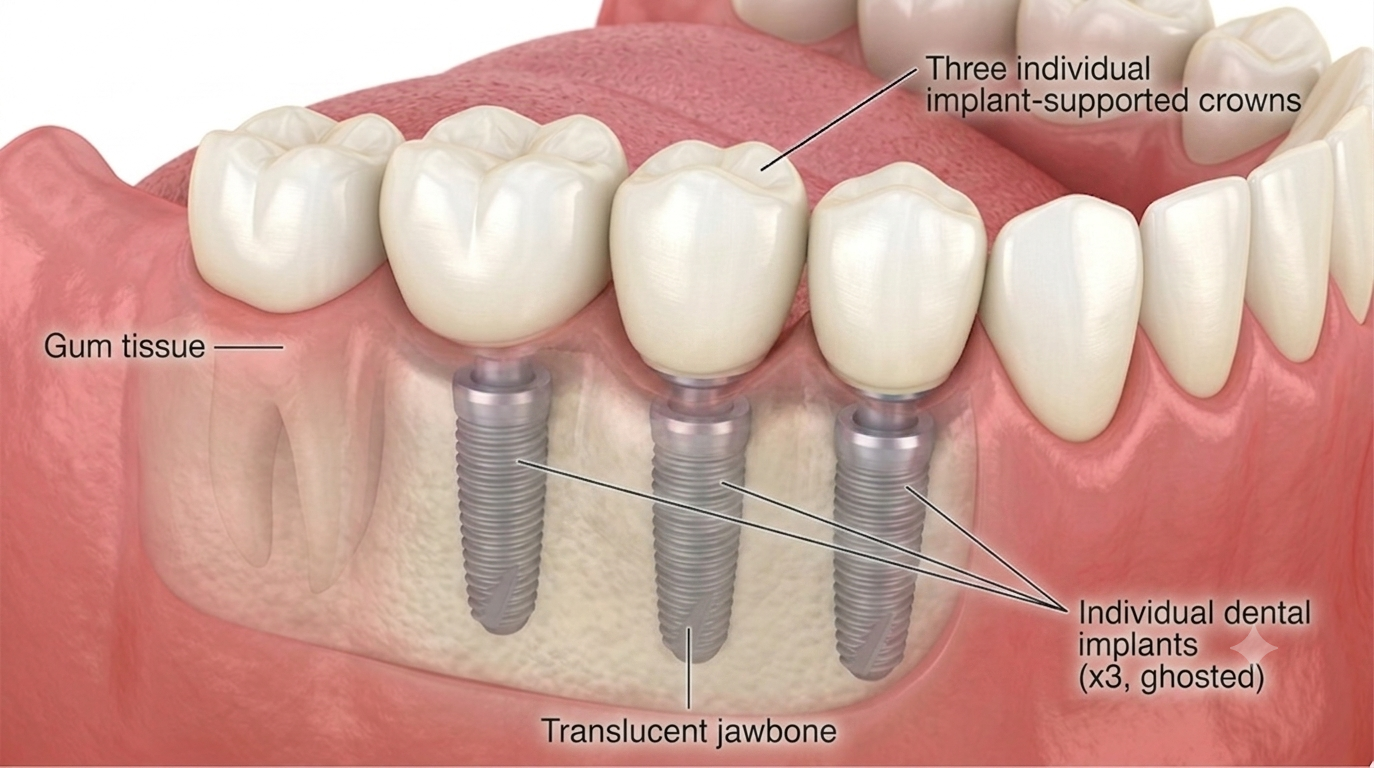 Multiple dental implants with crowns cross-section diagram