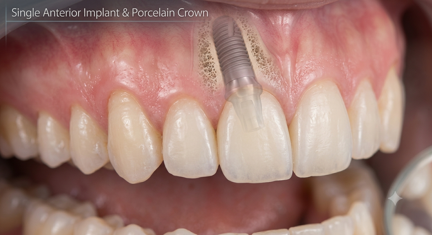 Diagram showing a single dental implant post topped with an abutment and porcelain crown in the jawbone