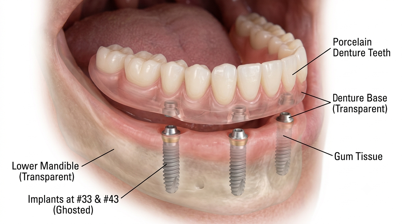 Medical illustration of implant-supported dentures showing porcelain teeth, transparent denture base, gum tissue, lower mandible, and implants at positions 33 and 43